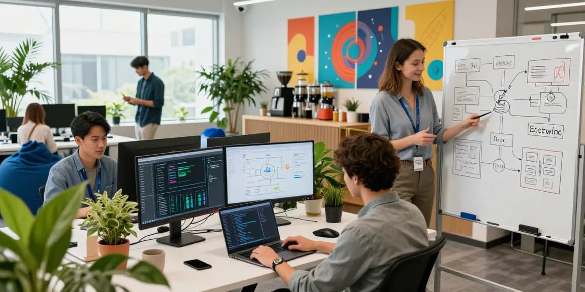 Young professionals collaborating in a vibrant tech startup environment focused on AI startups 2026 innovation and creativity.