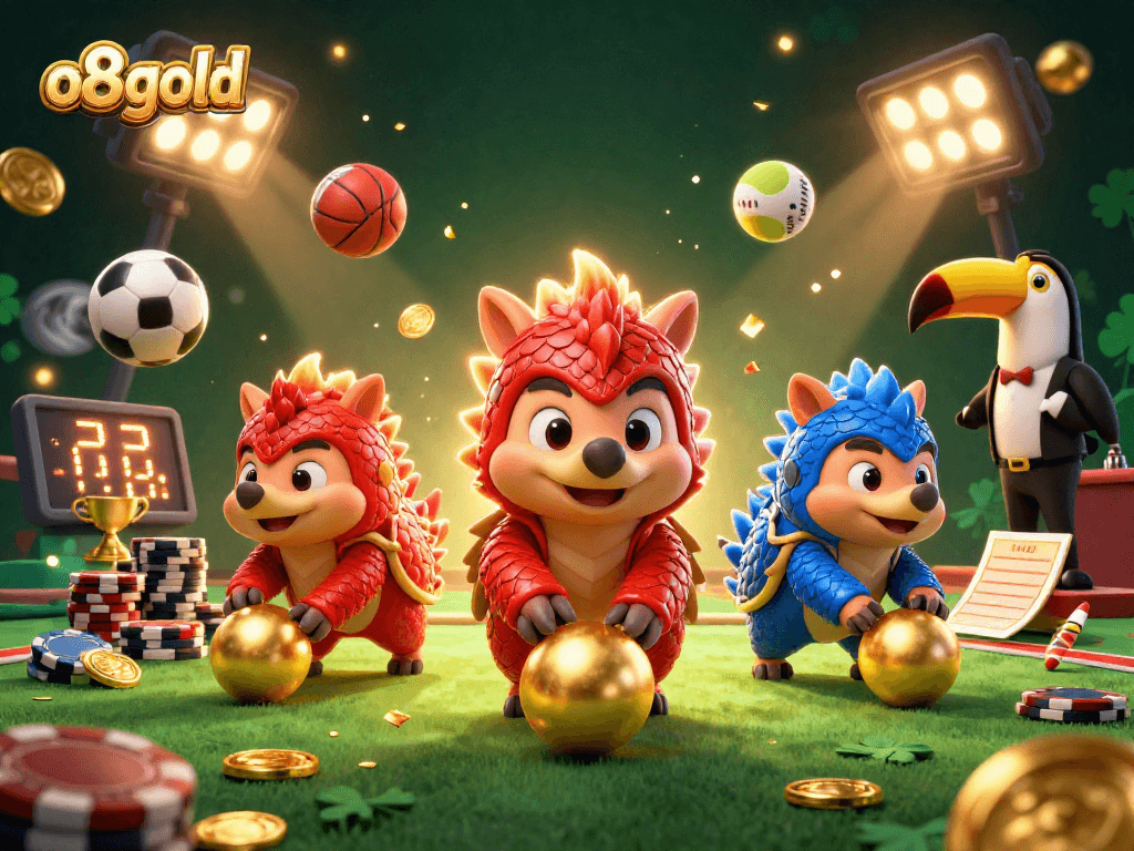Experience thrilling gameplay with o8gold as rival pangolins roll into golden balls through poker chips in an exciting casino scene.