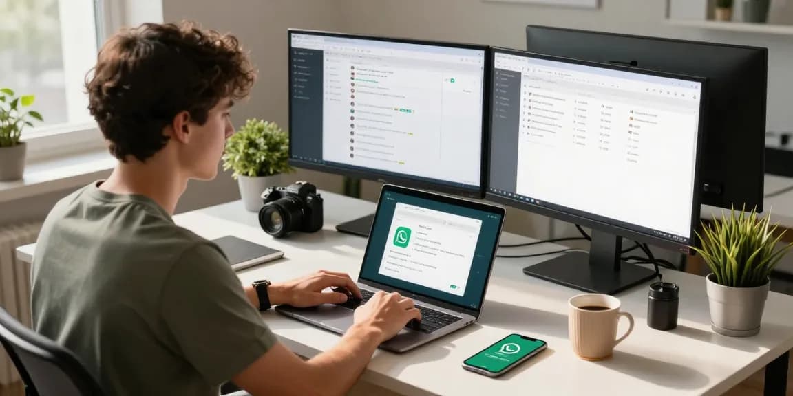 Using WhatsApp電腦版 on a laptop in a modern office setup, enhancing communication.