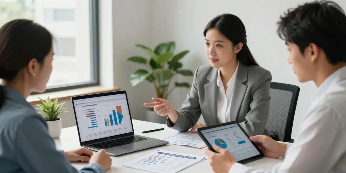 A diverse financial advisor discussing a $2500 loan with RadCred in a welcoming office, showcasing graphs and brochures.