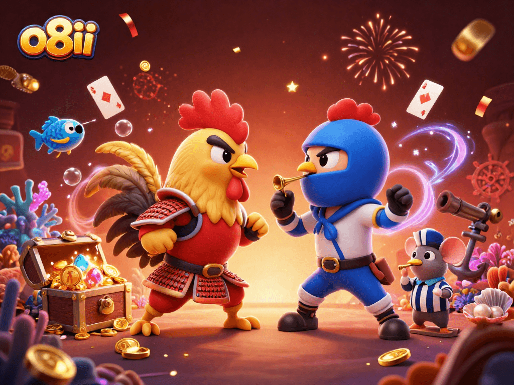 Engage in thrilling gambling action with the o8ii fighting roosters in an exciting 3D illustrated scene.