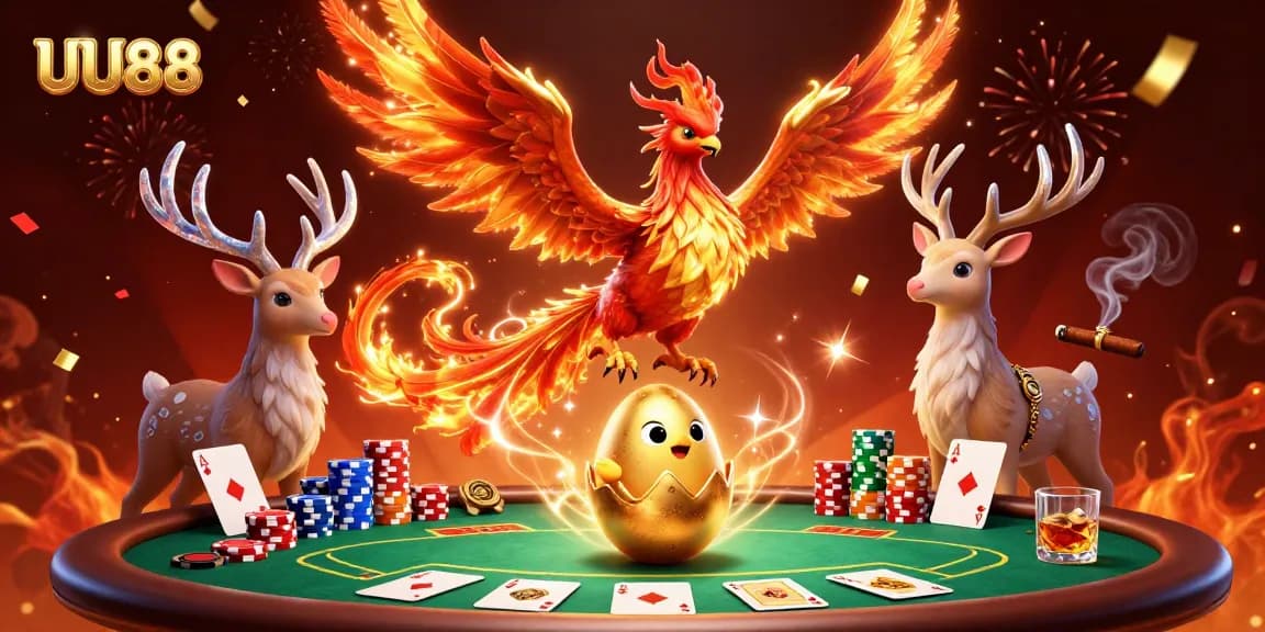Experience the excitement of UU88 with a vibrant 3D casino scene featuring mythical characters and poker elements.