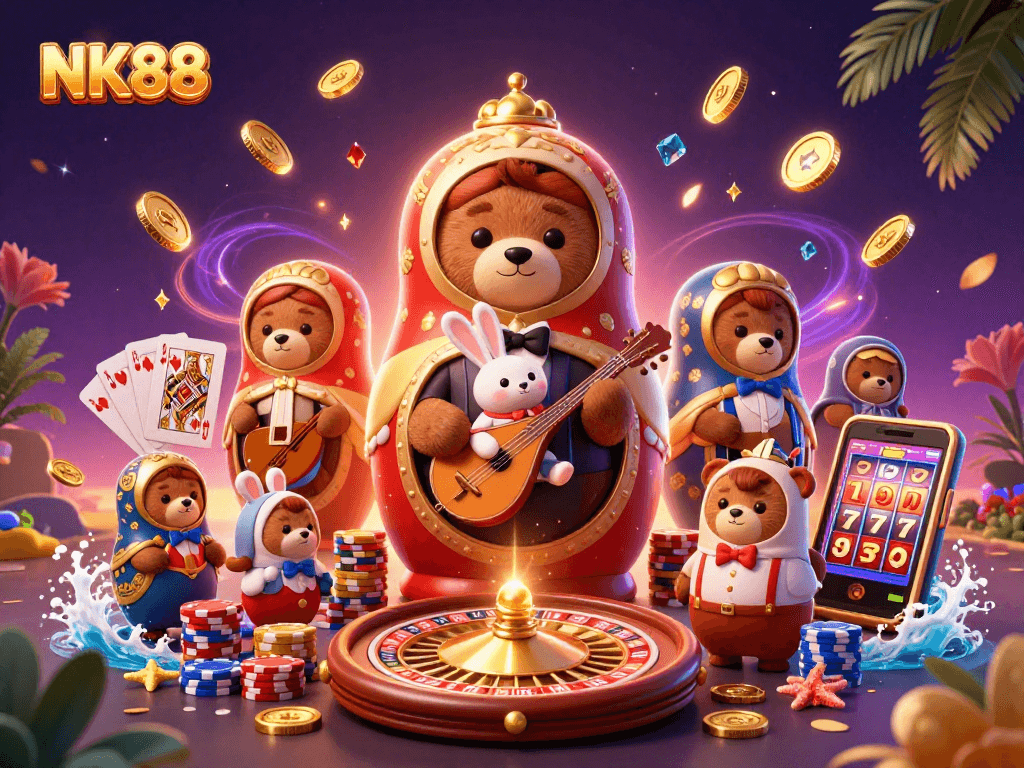 Experience the thrill of NK88 with vibrant casino elements and bear characters in action.