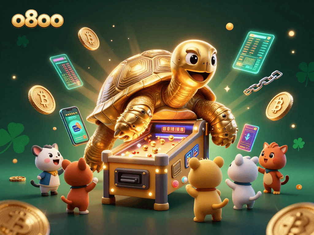 Experience thrilling games at o8oo, featuring a giant tortoise pinball and crypto elements.