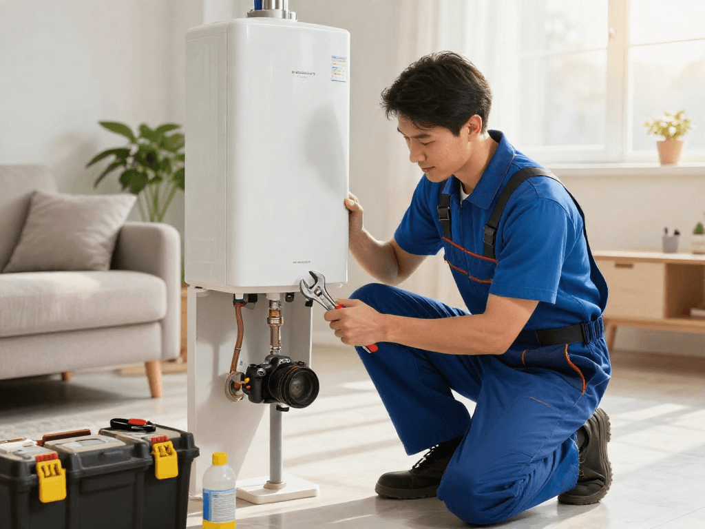 Expert water heater repair Fort Worth in a home setting, showcasing a plumber fixing equipment with tools.