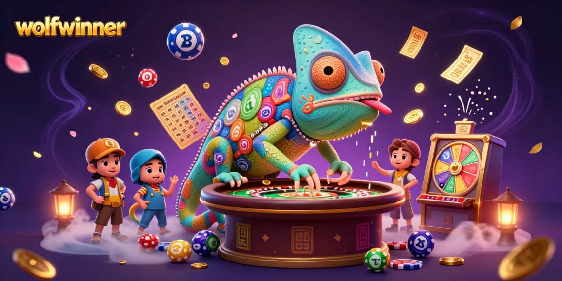 Engage in thrilling games at wolfwinner, featuring a dynamic chameleon casino owner surrounded by casino elements.