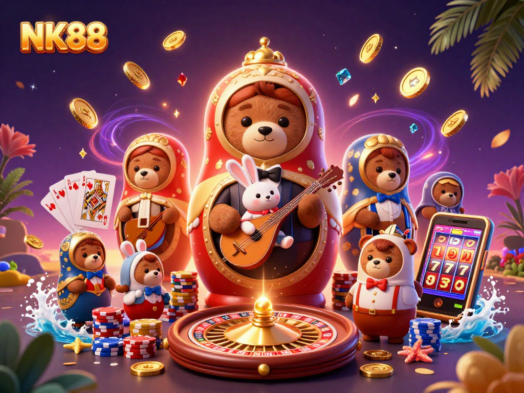Experience the thrill of NK88 with vibrant casino elements and bear characters in action.