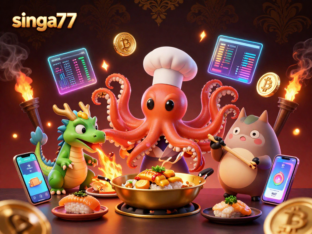 Singa77 showcases an exciting 3D cartoon scene with a sushi chef octopus creating gold dishes.