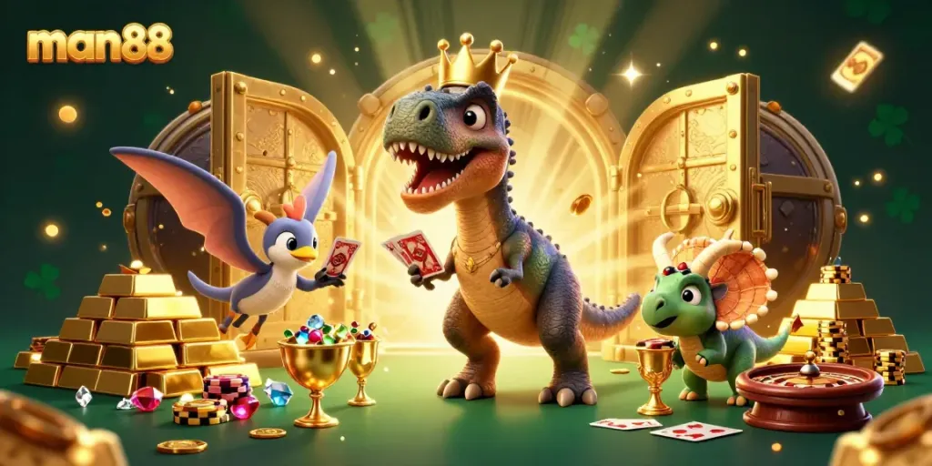 Engage in fun at man88 with a playful T-Rex dealing cards while a pterodactyl assists, surrounded by riches.