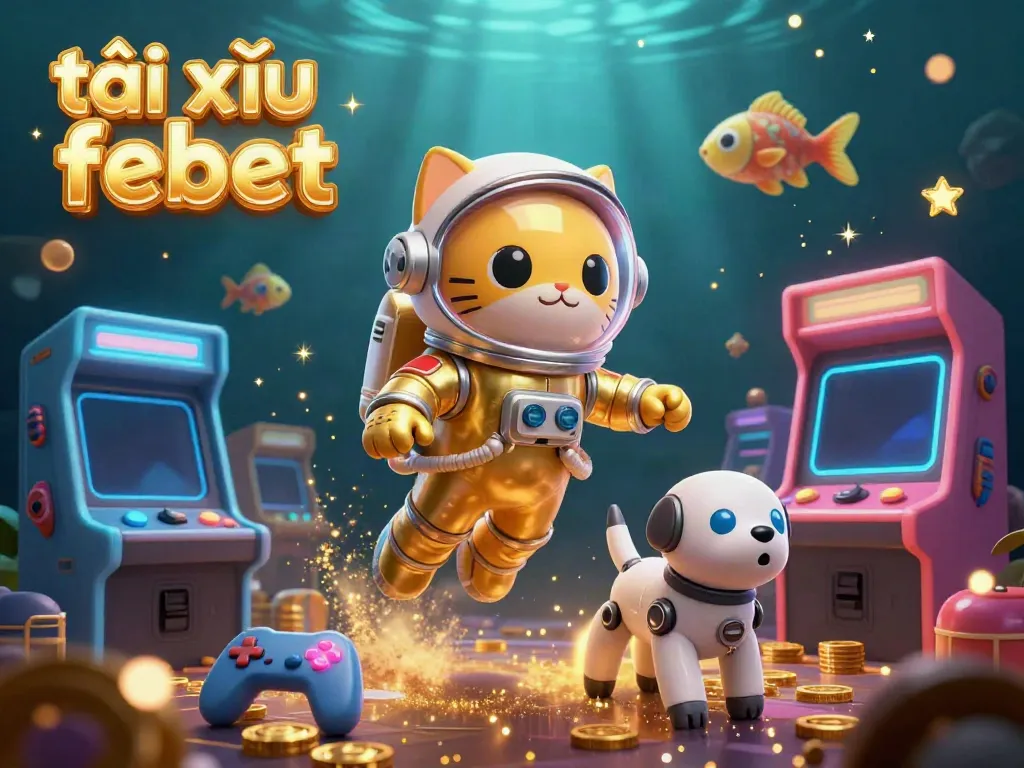 Win at tài xỉu febet while a floating golden astronaut cat and robot dog enjoy a cosmic arcade adventure.