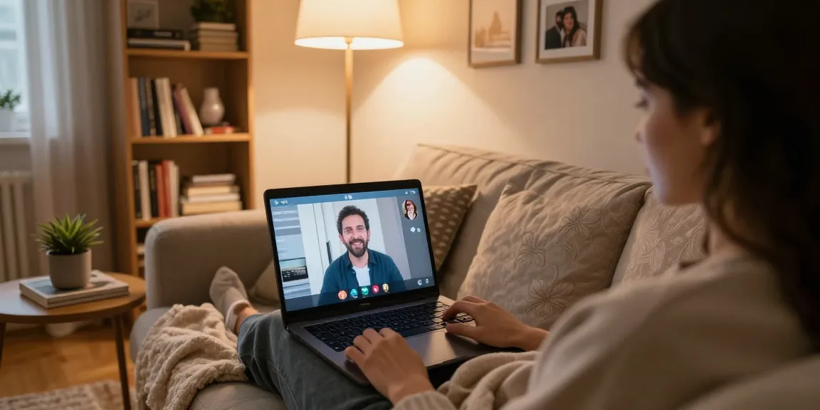 Engaging in an intimate sexchat from a cozy home setting, with warm lighting and personal touches.