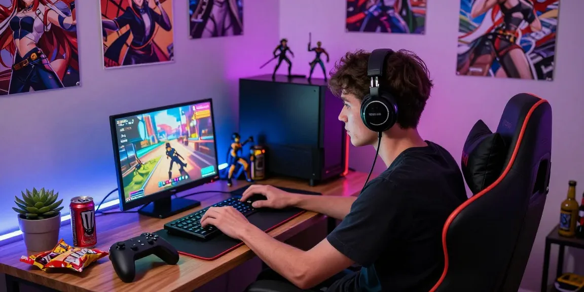 Immersive gaming scene featuring a young adult enjoying hentai games.