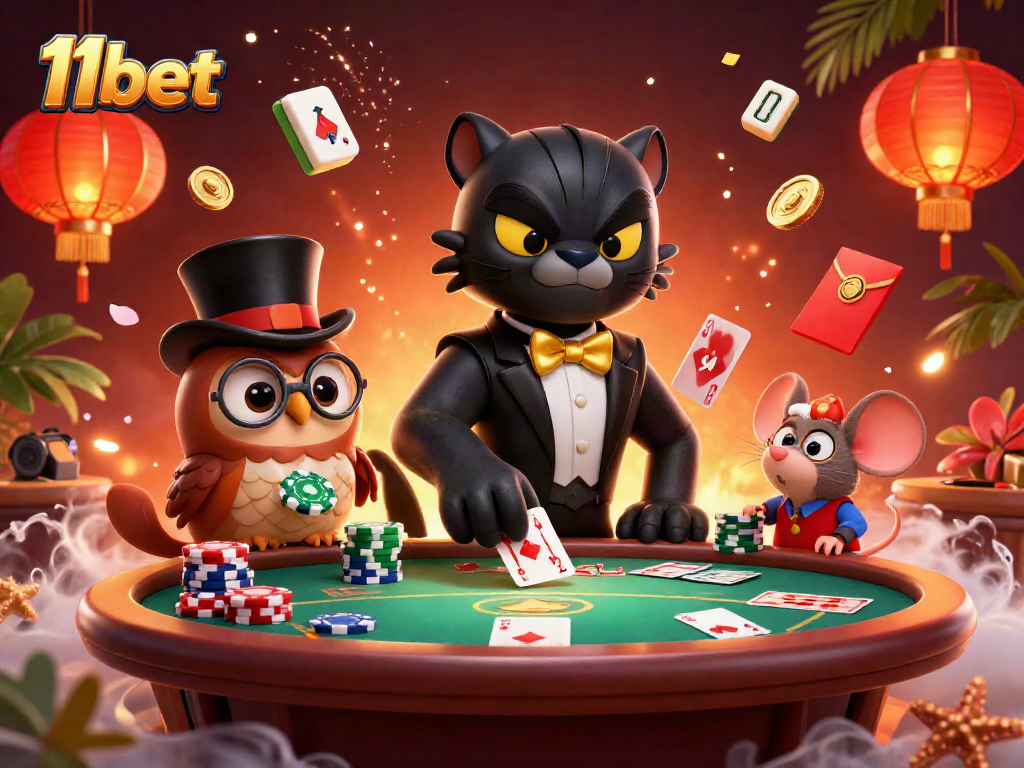 Engage with 11bet by enjoying a dynamic card game scene with festive elements and casino charm.