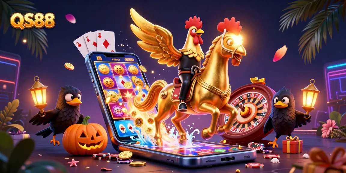 Engaging QS88 casino scene with a golden rooster and gaming elements showcasing excitement and rewards.