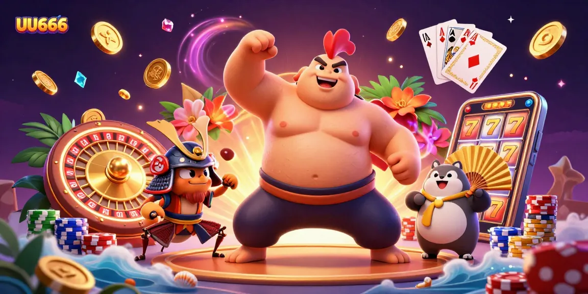 Experience the excitement of gambling with UU666 in this vibrant 3D cartoon illustration featuring characters and casino games.