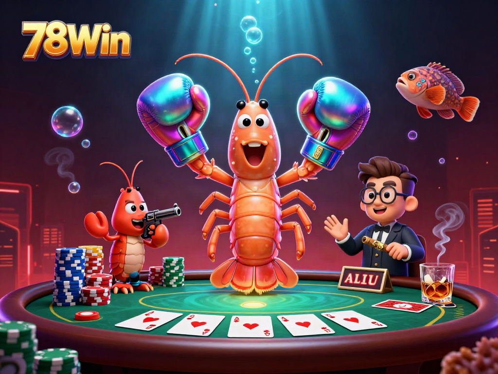 Engage in thrilling poker at 78Win with cartoon shrimp champions and vibrant game elements.