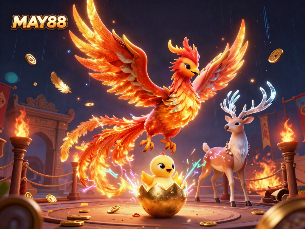 MAY88 invites you to experience dynamic energy in this vibrant casino scene featuring magical characters and thrilling gameplay.