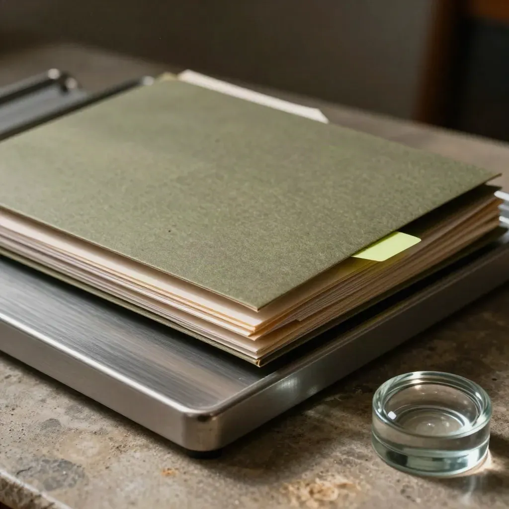 Sealed report folders, sorting tray and paperweight on warm stone with moody side light