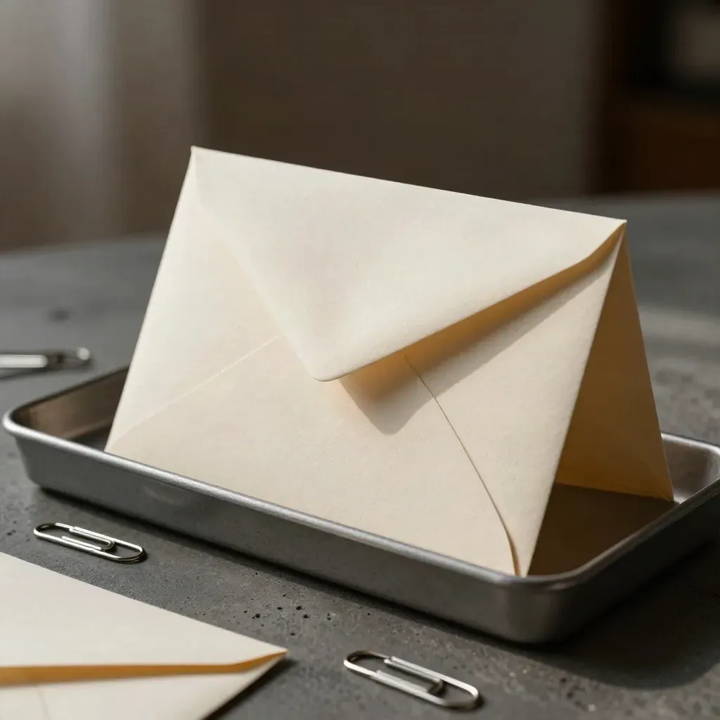 Cream envelopes and paper clips in a document tray on charcoal concrete, softly lit