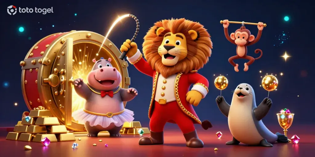 Experience the excitement of toto togel with vibrant 3D circus characters amidst sparkling casino treasures.