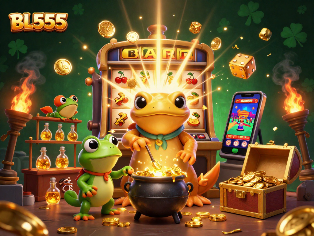 Engage with BL555's vibrant casino scene featuring a golden salamander alchemist and exciting jackpot elements.