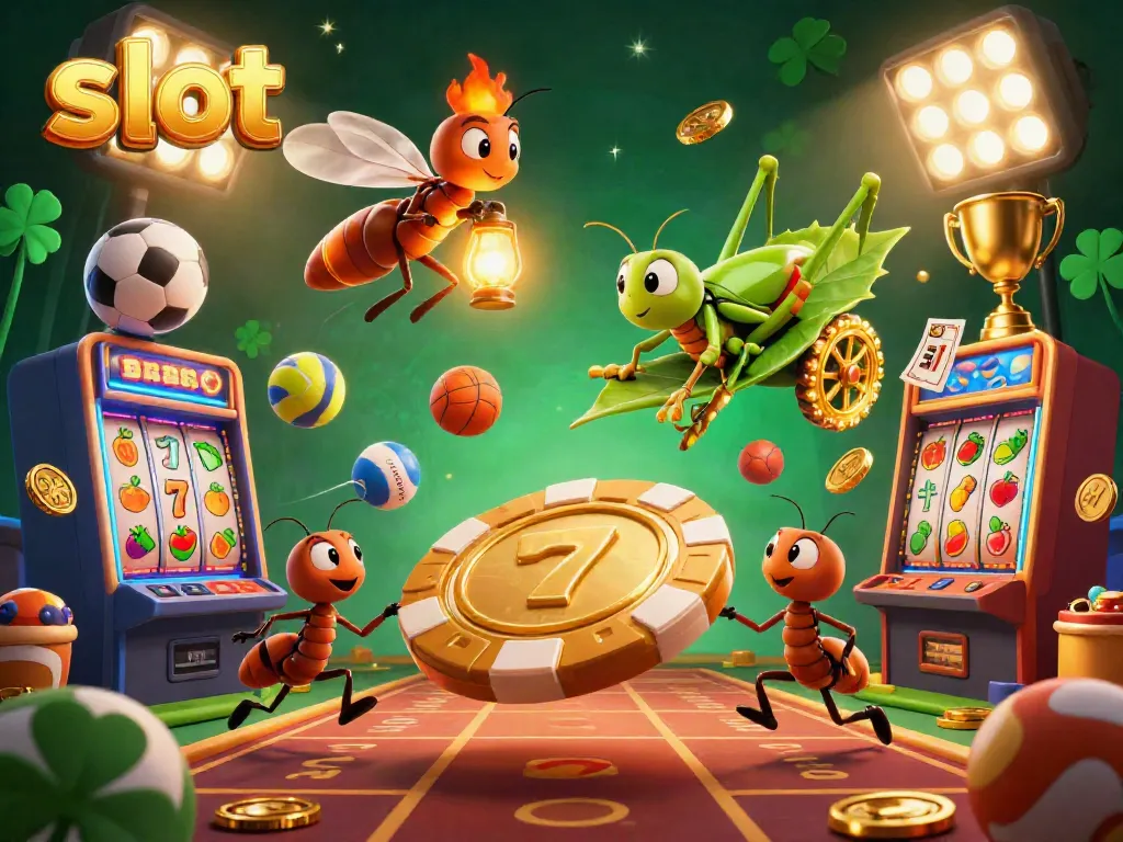 Ants on a heist with a slot machine backdrop, showcasing gameplay excitement in a fun casino illustration.