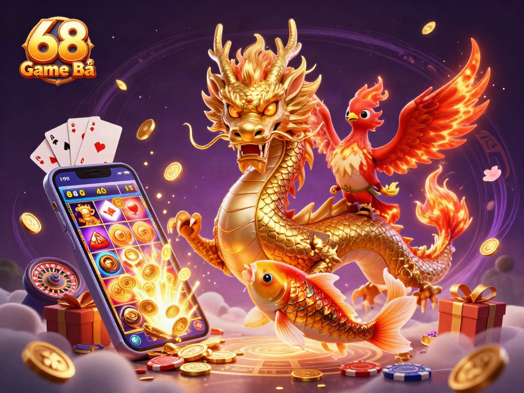Experience thrilling gameplay with 68 Game Bài featuring a glorious dragon, phoenix, and koi fish in a vibrant casino atmosphere