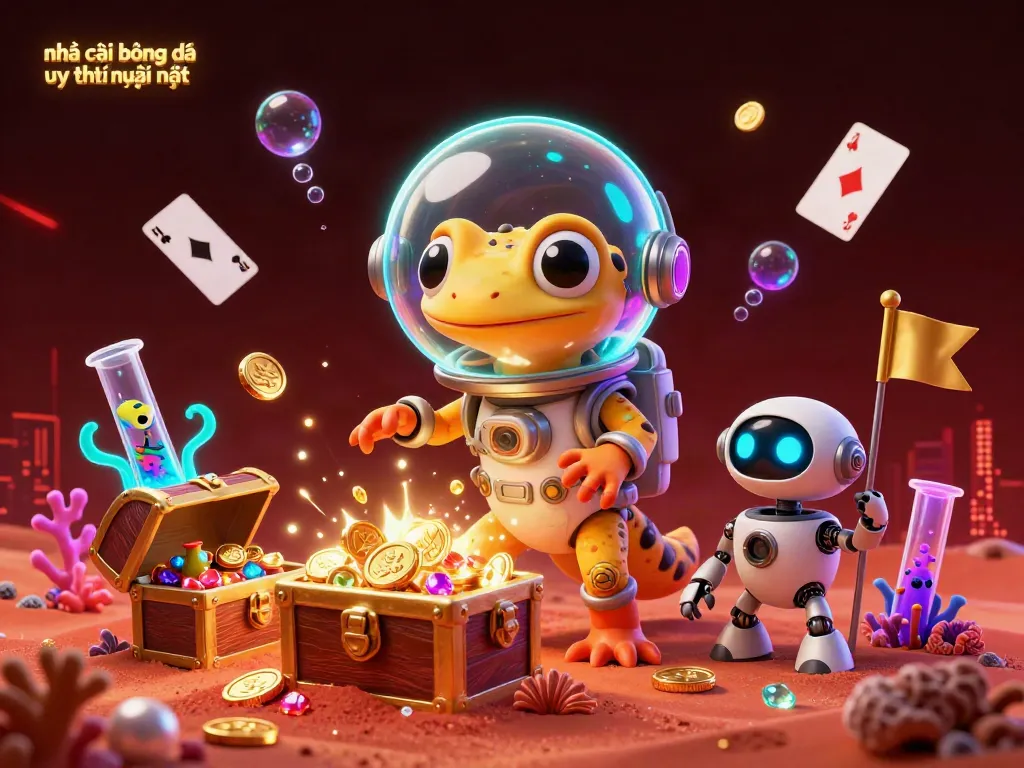 Experience the excitement with nhà cái bóng đá uy tín mới nhất in this vibrant, action-packed 3D scene featuring a Martian gecko discovering a golden casino.