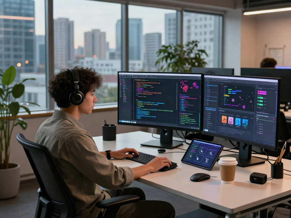 Dynamic tech workspace featuring spicy ai development with vibrant coding displays and collaborative tools