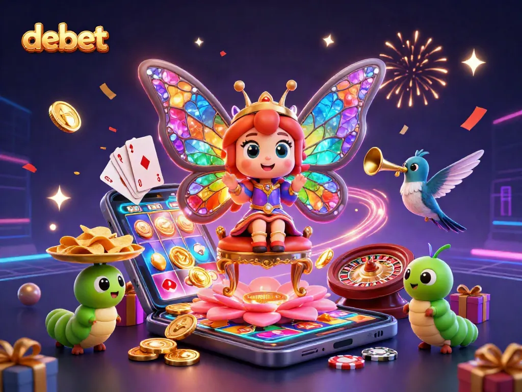 Experience vibrant casino action with debet as a butterfly queen oversees colorful games.