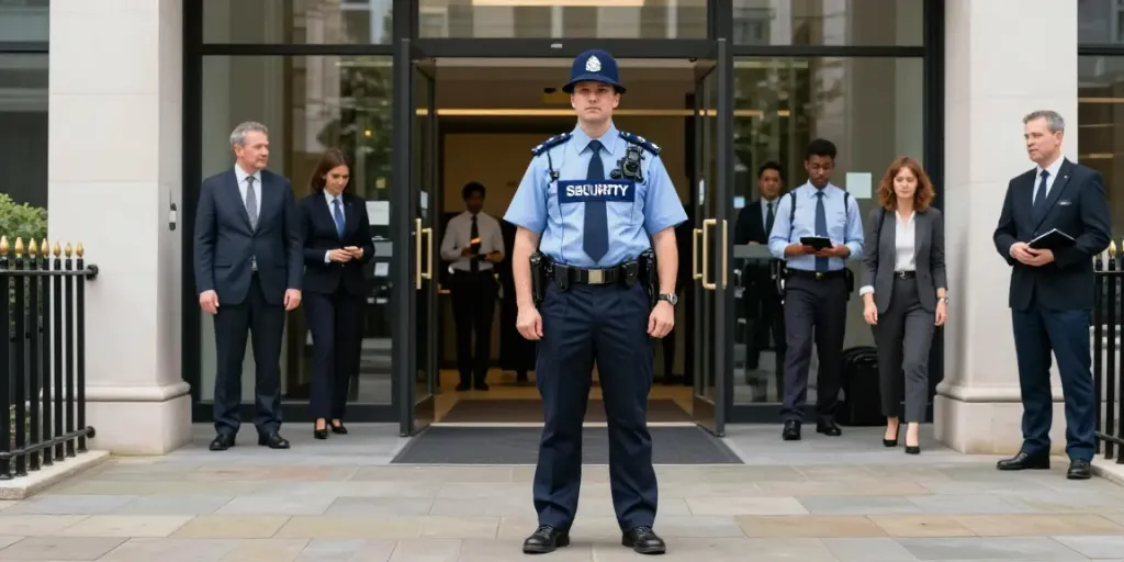 Security Guard monitoring corporate entrance, providing professional service and community safety.