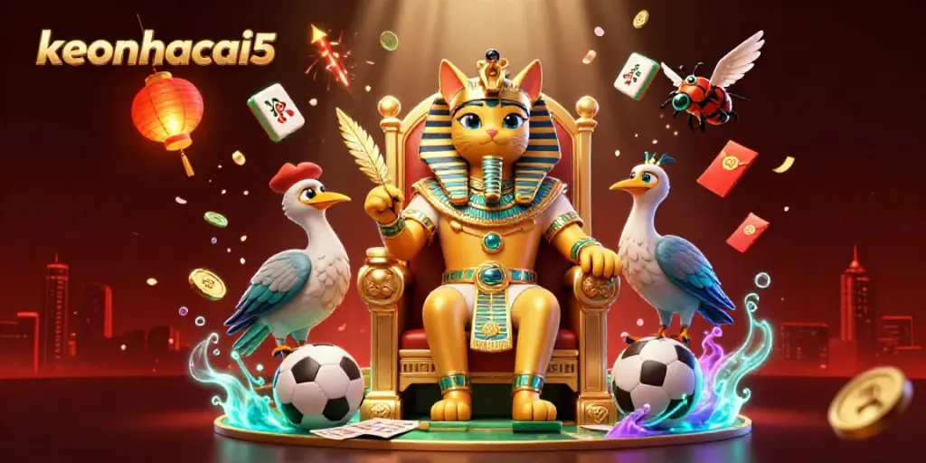 Engage with keonhacai5's dynamic sports betting scene featuring a vibrant Egyptian pharaoh cat and his companions.