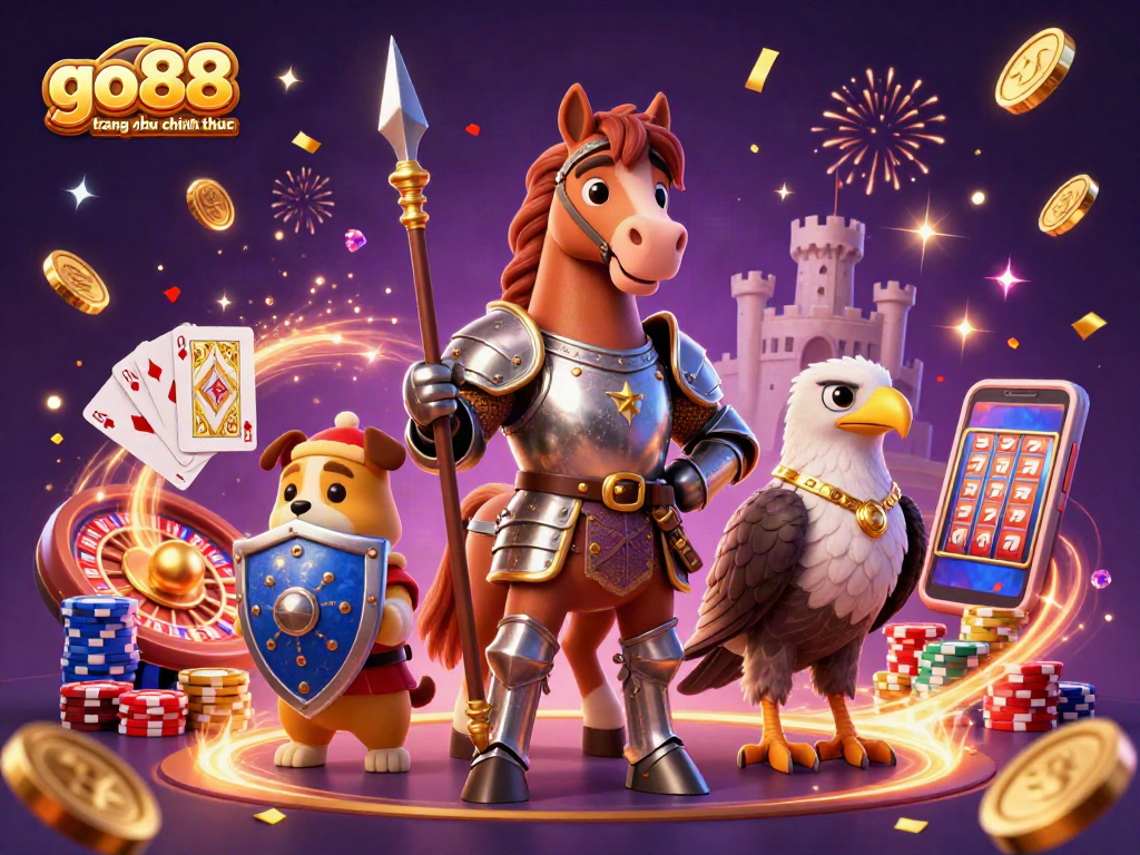 Experience the excitement of go88 trang chu chinh thuc with a knight, squire, and falcon in this vibrant casino scene.