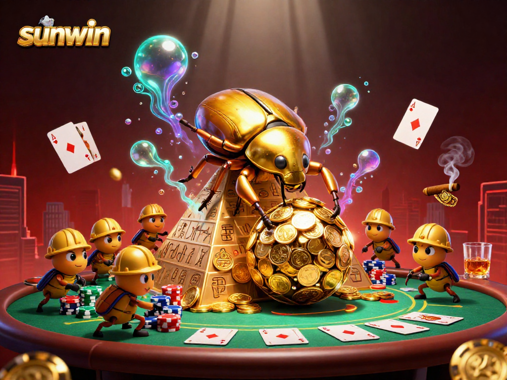 Engage in thrilling gameplay with sunwin's 3D golden beetle casino scene and rich poker elements.