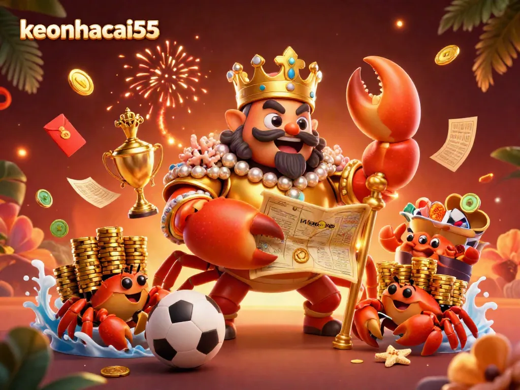 Engaging scene of keonhacai55 showcasing a golden crab emperor surrounded by sports betting elements and vibrant fireworks.