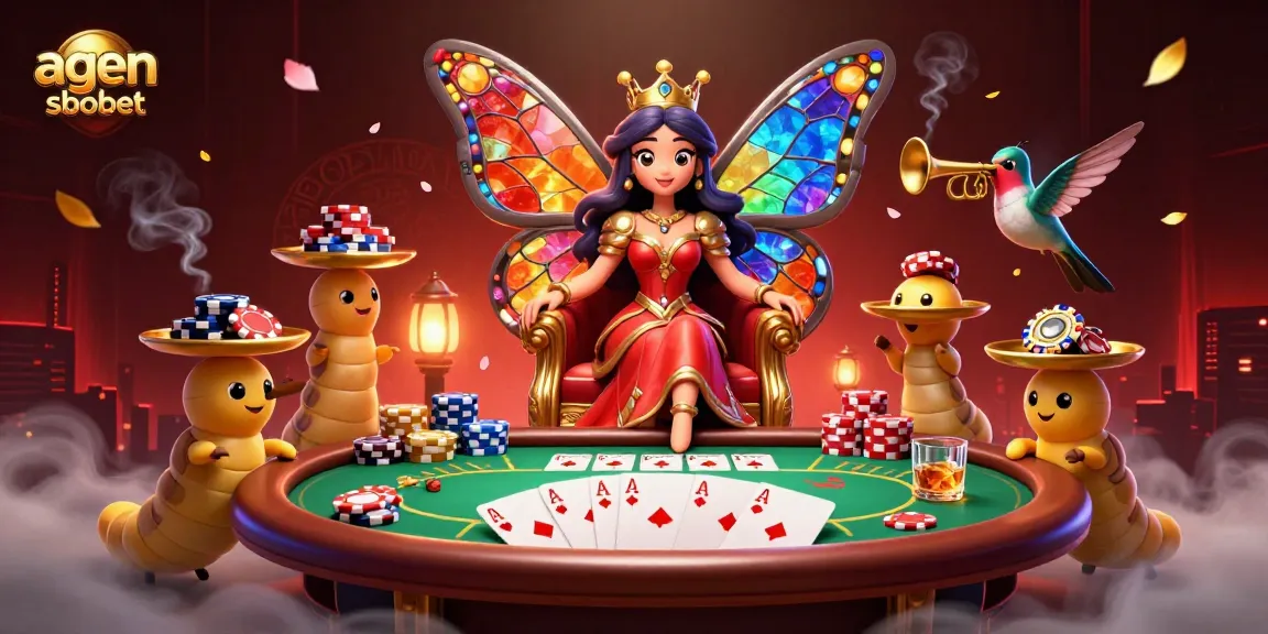 Win big with agen sbobet in this vibrant, detailed casino illustration showcasing poker elements and fantasy characters.