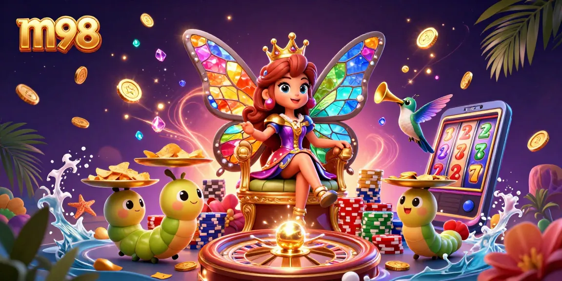 Win big with m98 in this vibrant casino scene featuring a butterfly queen and exciting game elements.