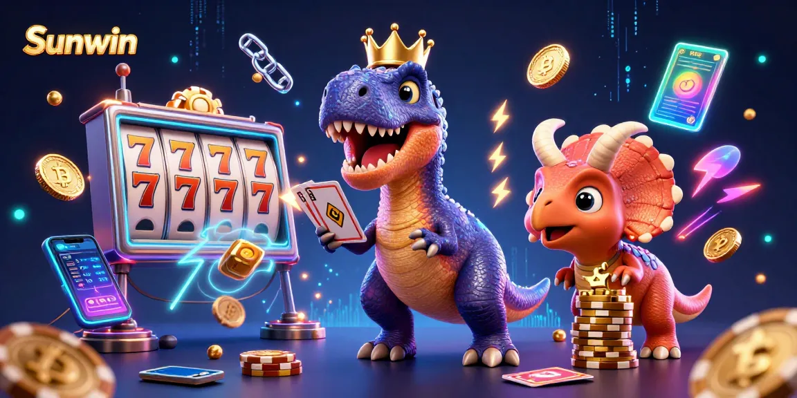 Sunwin features a dynamic casino scene with a T-Rex shuffling cards amidst golden chips and crypto elements.