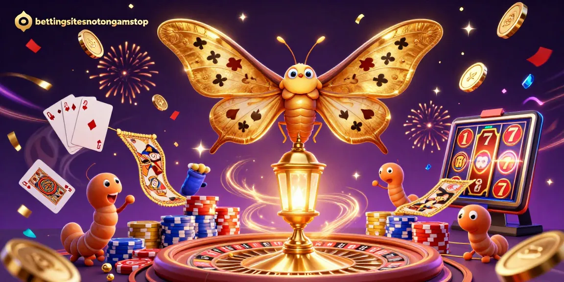 Experience the thrill of bettingsitesnotongamstop with a vibrant casino scene featuring animated moths and golden treasures.