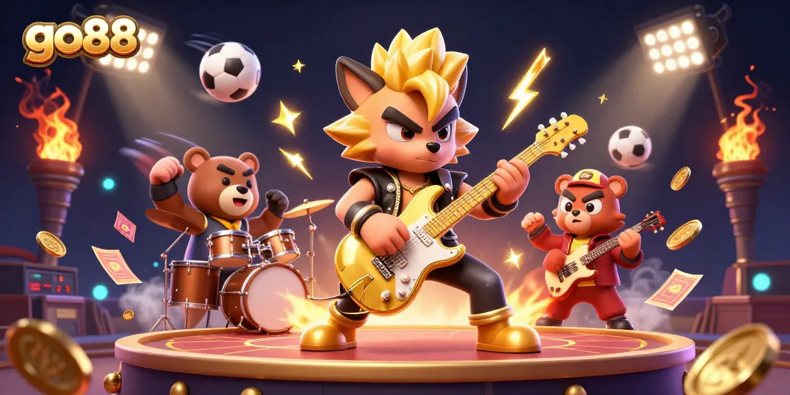 Experience go88's electrifying gameplay with unique casino-themed characters and dynamic sports elements in this vibrant illustration.