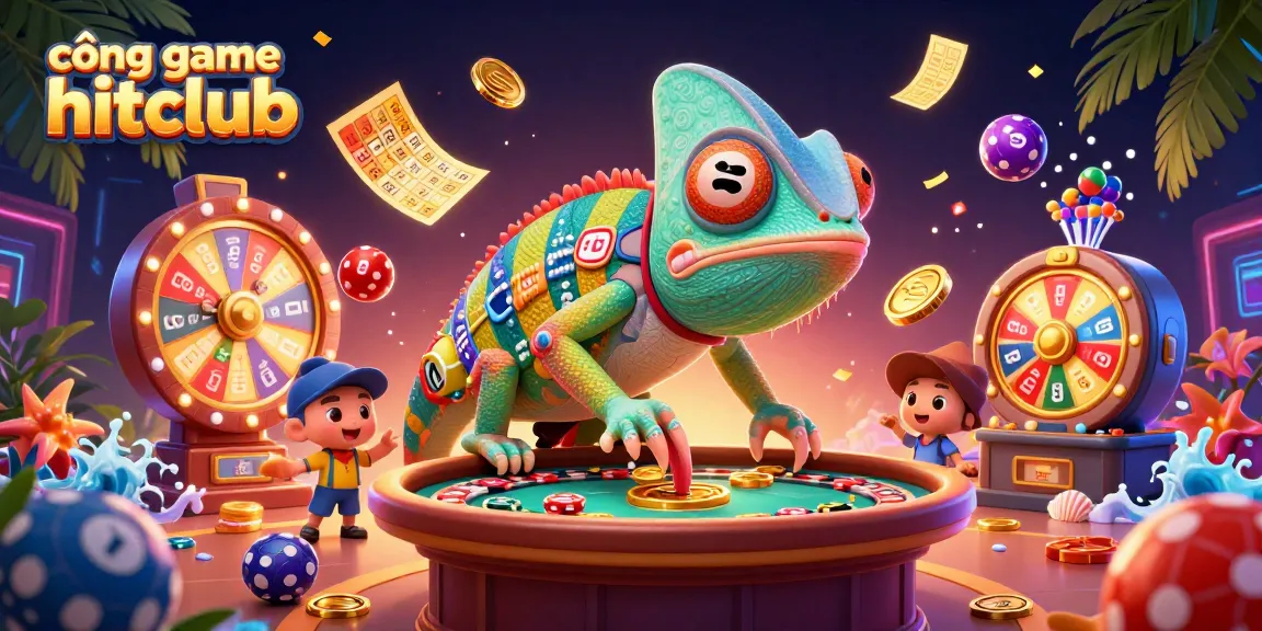 Experience the excitement of cổng game hitclub with an animated chameleon casino owner snapping up golden coins in a vibrant scene.