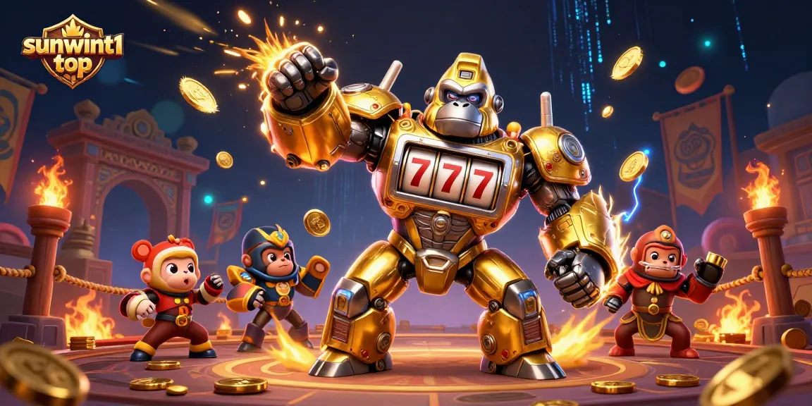 Engage in thrilling gameplay on sunwint1 top with dynamic slot machine battles featuring a golden gorilla mech.