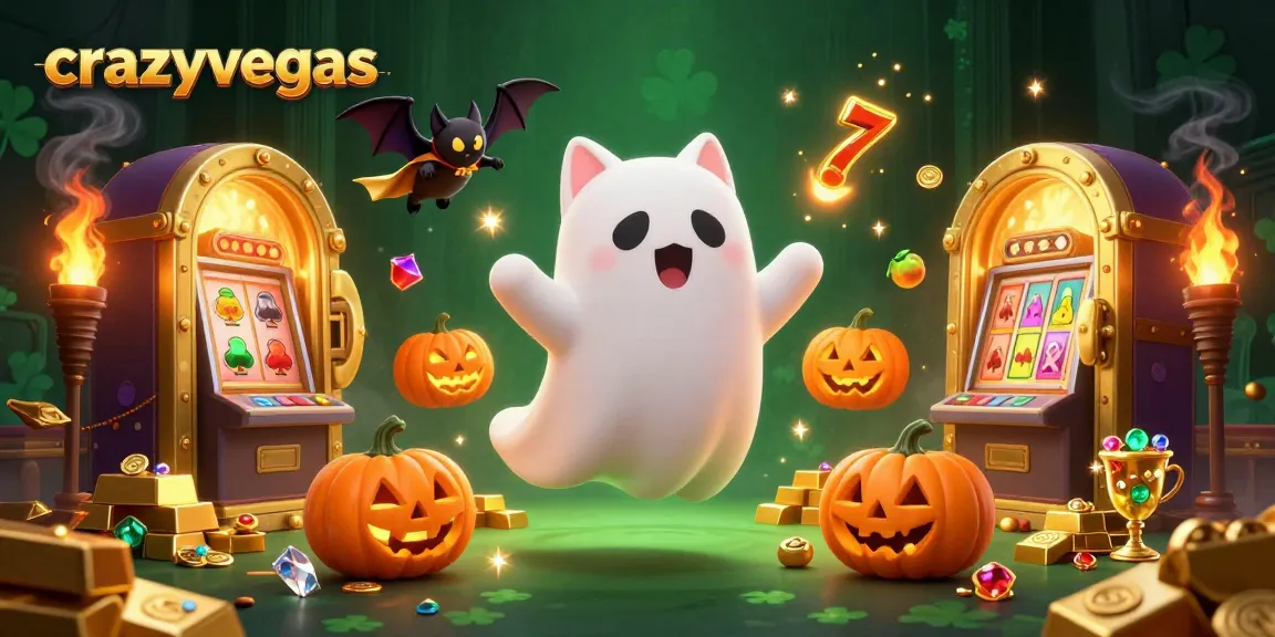 Engage with crazyvegas in this vibrant haunted casino illustration showcasing a ghost cat and treasures.